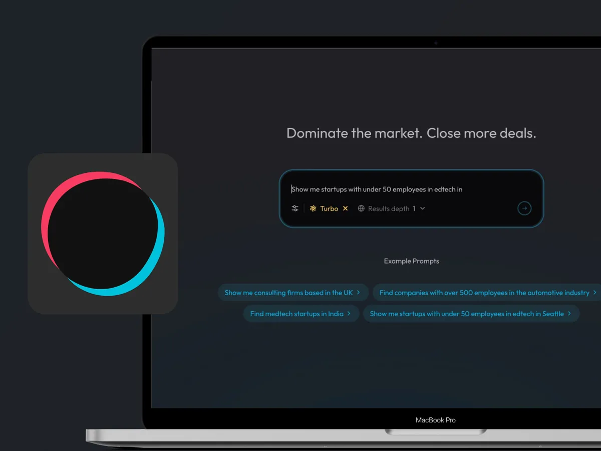 Bebop on a laptop screen: a dark sales workspace with the prompt Dominate the market. Close more deals.