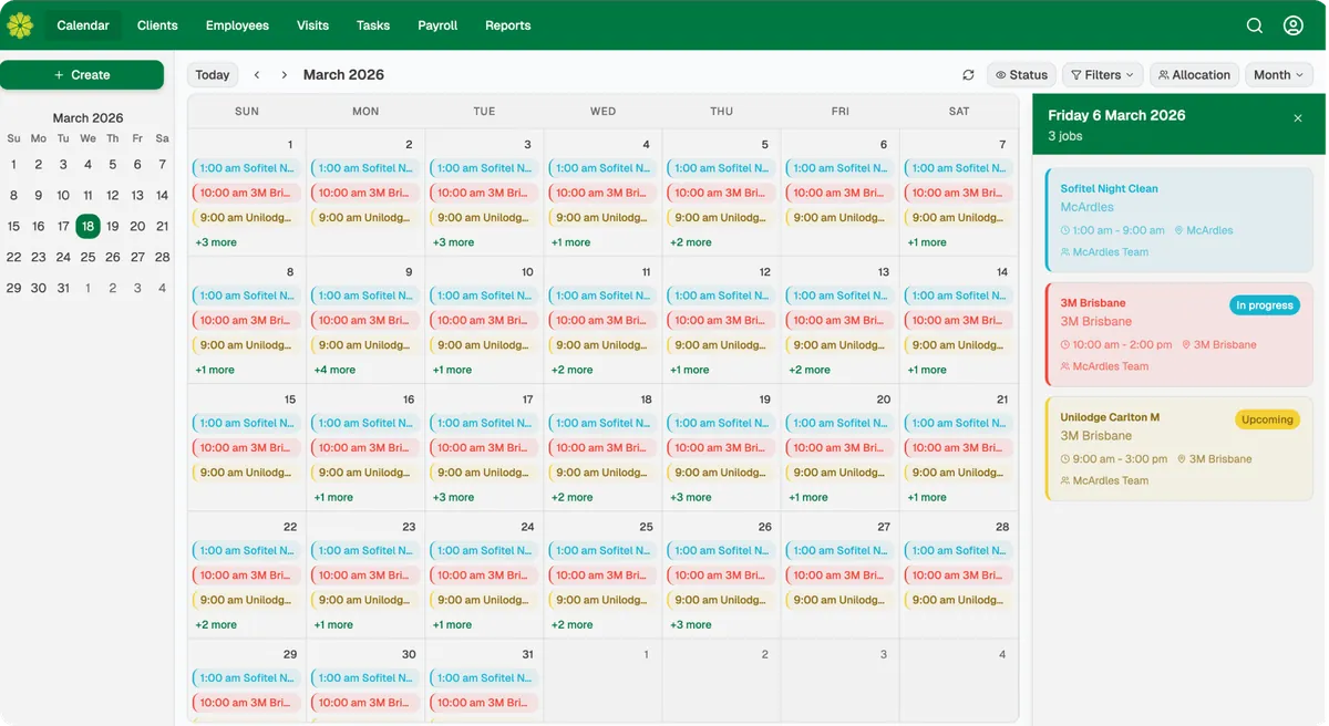 freshOps roster calendar with colour-coded cleaning shifts