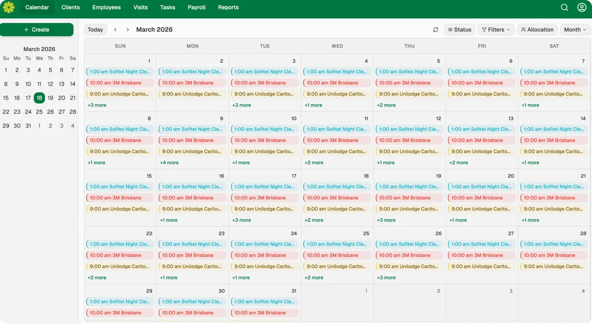 FreshOps monthly roster calendar with colour-coded cleaning shifts