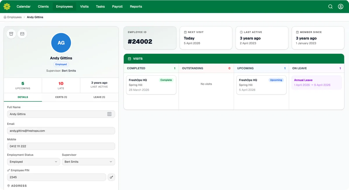 freshOps staff profile with timesheets and assigned jobs