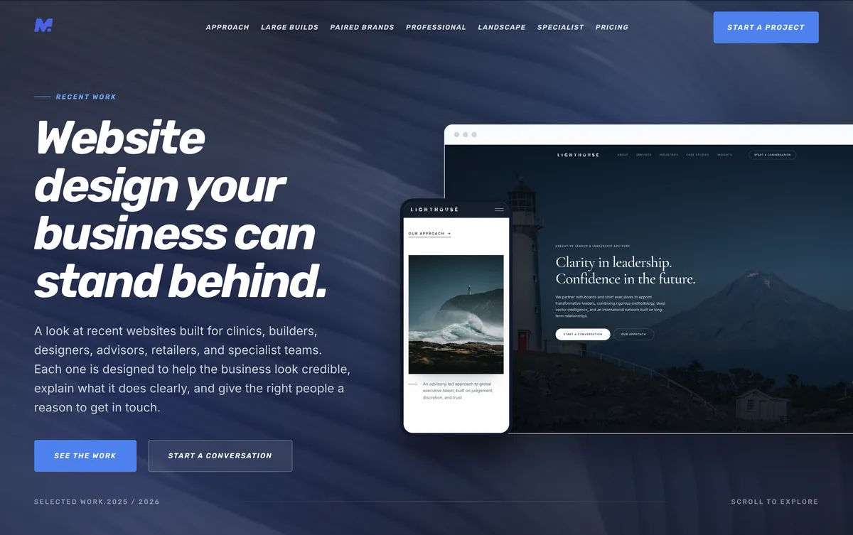 MOGGED website hero: Website design your business can stand behind