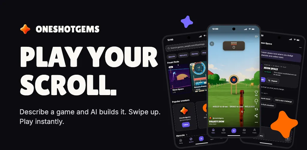 Oneshot Gems screens: a swipeable game feed and a prompt that became a game