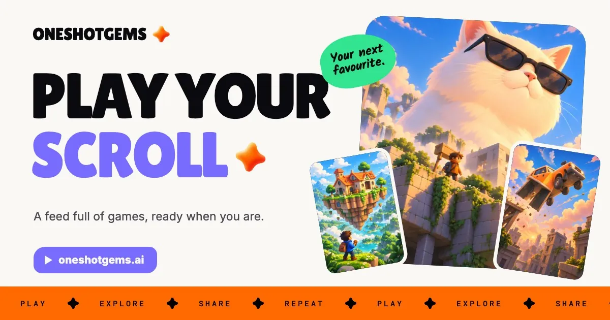 Oneshot Gems share card reading 'PLAY YOUR SCROLL' beside a collage of colourful game thumbnails and a cat in sunglasses