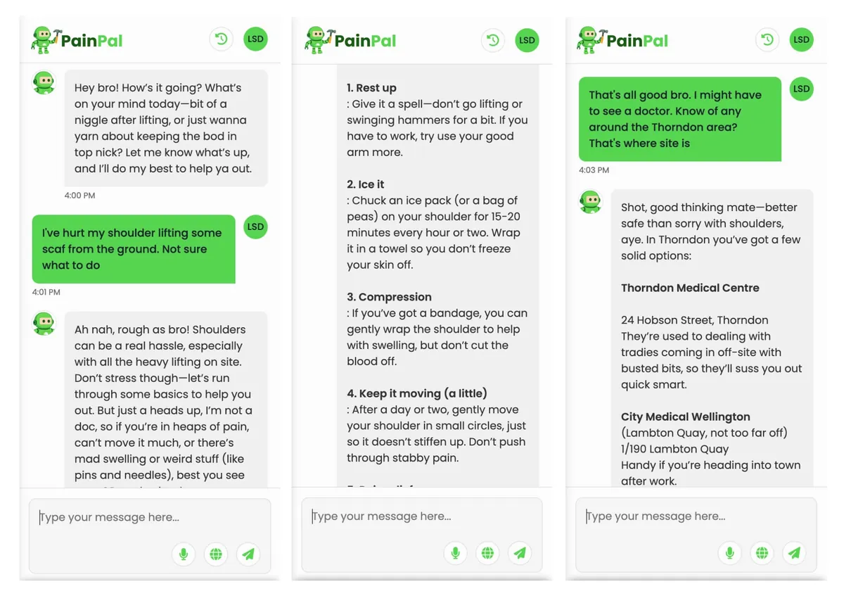 PainPal chat screens with practical guidance for a worker