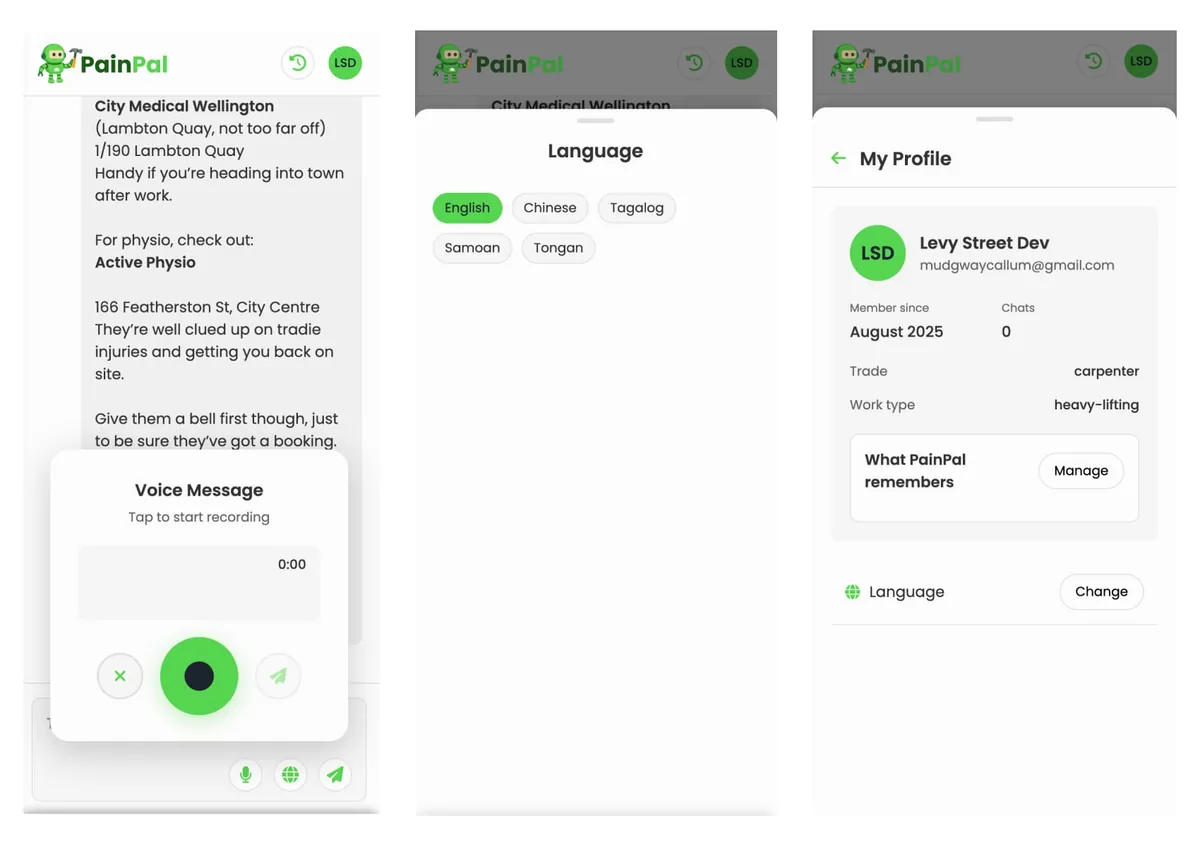 PainPal welcome and voice screens