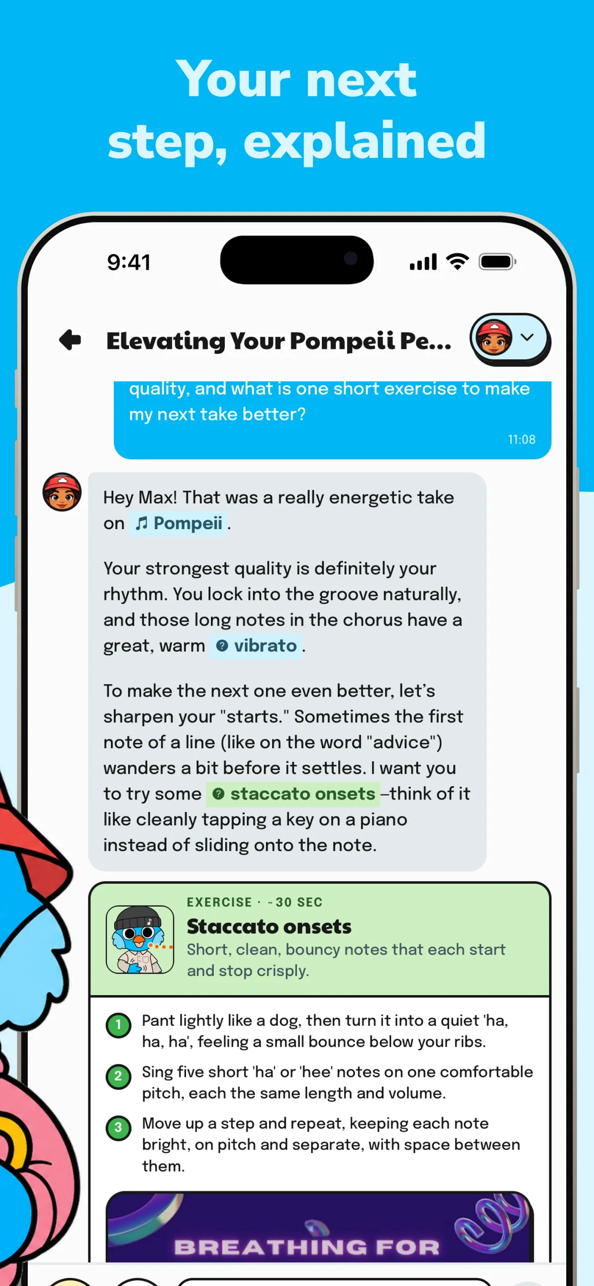 The AI coach chat suggesting a practice exercise