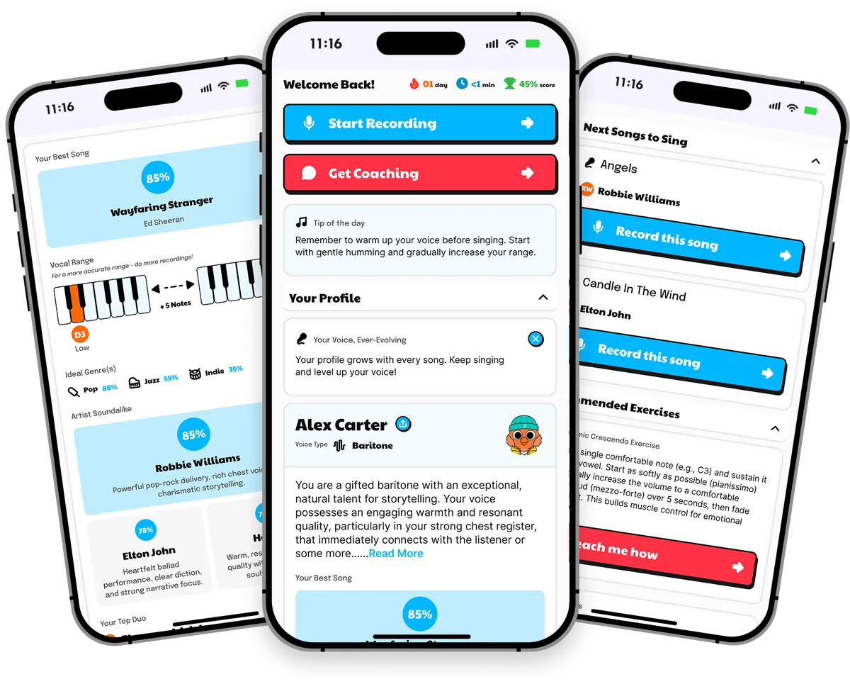 Three iPhones showing the Singing Coach AI home screen, vocal profile and song suggestions