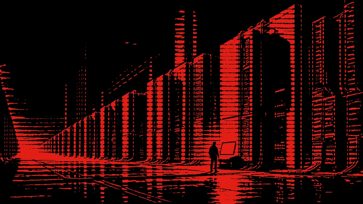 Red-on-black ink illustration of a lone figure at a terminal in a vast corridor of server monoliths, the spawnd.dev hero image
