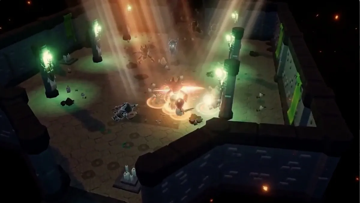 Spellfire lights up a torch-lit stone dungeon hall during a group fight in World of ClaudeCraft