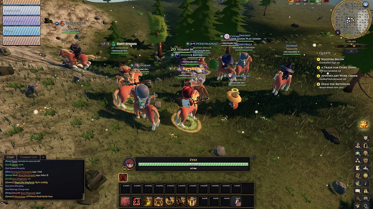 A mounted guild gathering on a road in World of ClaudeCraft